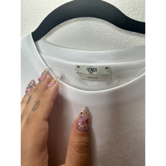 Fendi White Short Sleeve Round Neck Rainbow Sequined Fendi Roma Graphic Tee L - Picture 10 of 14